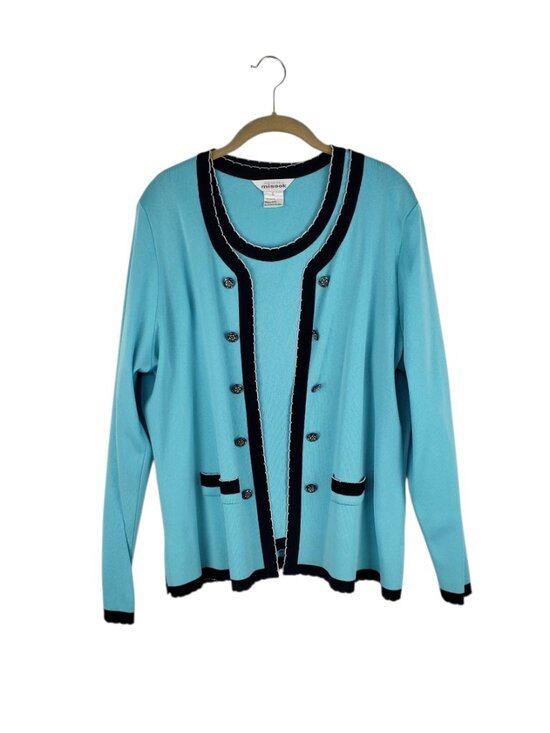 Misook Sweaters - Exclusively Misook Twinset Teal Aqua Black Scalloped Jewels Womens L/XL
